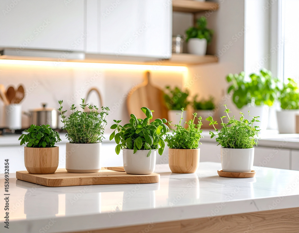 Modern Kitchen Close-Up with Quartz Surface and Wooden Utensils Modern Kitchen Close-Up with Quartz Surface and Wooden Utensils