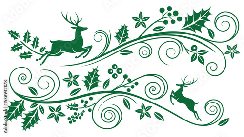 Elegant Green Christmas Ornament with Reindeer Holly Berries and Swirls on White