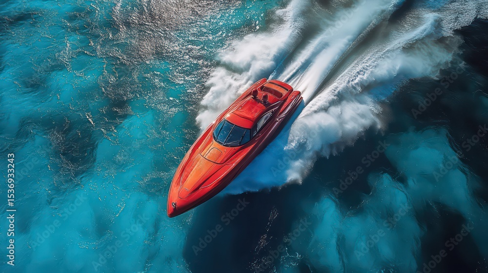 Fototapeta premium Compact speedboat racing on vivid blue ocean, leaving a foamy trail under tropical sun