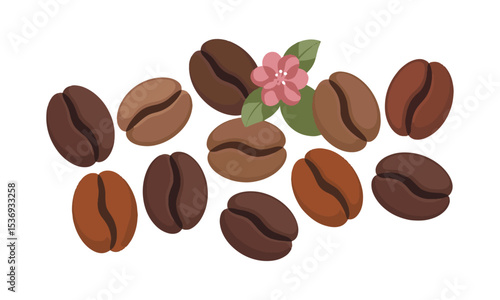 Vector illustration featuring a scattered arrangement of roasted coffee beans,  elliptical shapes, slightly asymmetrical for realism, easily scalable and editable.