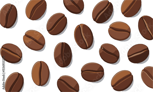 Vector illustration featuring a scattered arrangement of roasted coffee beans,  elliptical shapes, slightly asymmetrical for realism, easily scalable and editable.