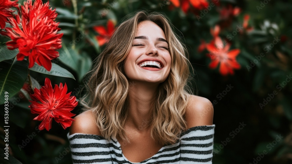 Naklejka premium Joyful woman surrounded by flowers