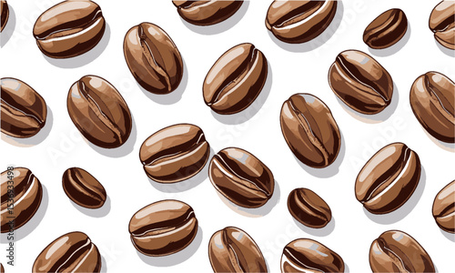 Vector illustration featuring a scattered arrangement of roasted coffee beans,  elliptical shapes, slightly asymmetrical for realism, easily scalable and editable.