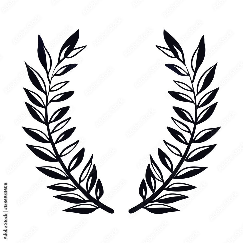 Fototapeta premium Illustration of a laurel wreath with symmetrical leaves in black and white art