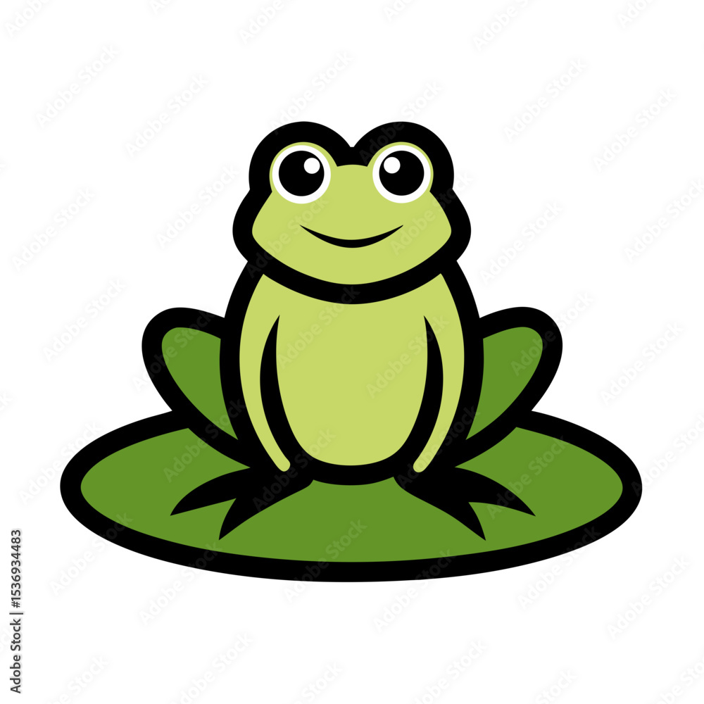 Flat color clipart of a frog sitting on a lily pad vector illustration on white background Flat color clipart of a frog sitting on a lily pad vector illustration on white background