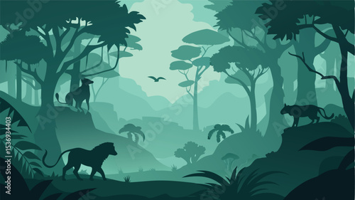 Low Poly 3D Style Jungle Waterfall with Geometric Trees