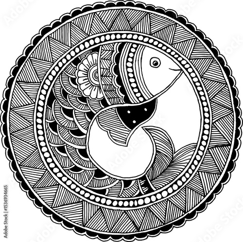 Handmade Madhubani Fish Painting in Digital Black PNG Format