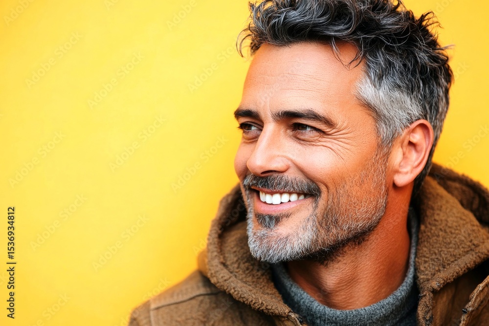 Fototapeta premium A classic beauty man with timeless elegance. A chic gentleman dressed in style and confidence. A man with a stylish hairdo looking confident. A relaxed and charming gentleman with a bright smil.