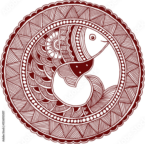 maroon color of transparent digital image of a traditional handmade Madhubani painting depicting artistic fish motifs.	