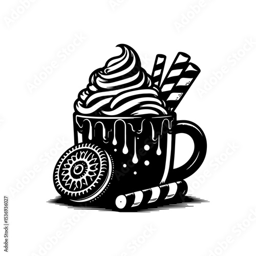 Black and white illustration of a mug filled with whipped cream, wafers, and a cookie.