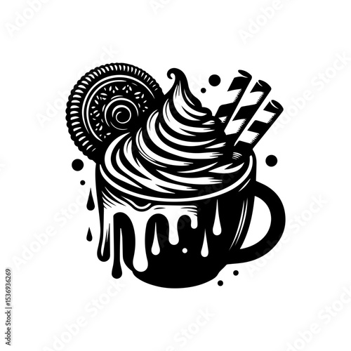 Stylized illustration of a mug overflowing with cream, topped with a cookie and wafers, in black and white.