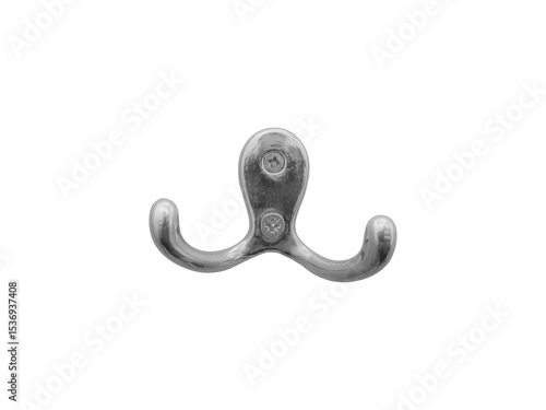 Double wall hook made of shiny metal is isolated.
