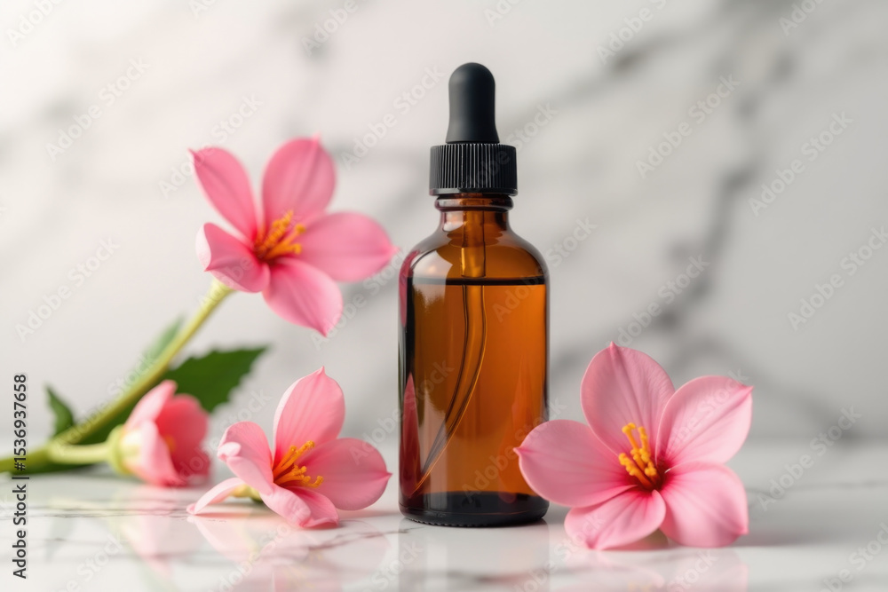 A bottle of essential oil sits beside a bouquet of pink flowers, ideal for wellness and self-care visuals A bottle of essential oil sits beside a bouquet of pink flowers, ideal for wellness and self-care visuals