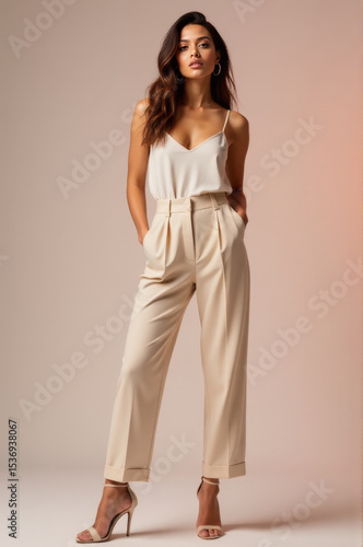 A woman wearing a white top and beige pants, possibly for outdoor activities or casual occasion