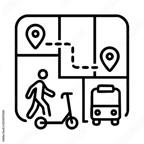 Multimodal transport map with route planning icon