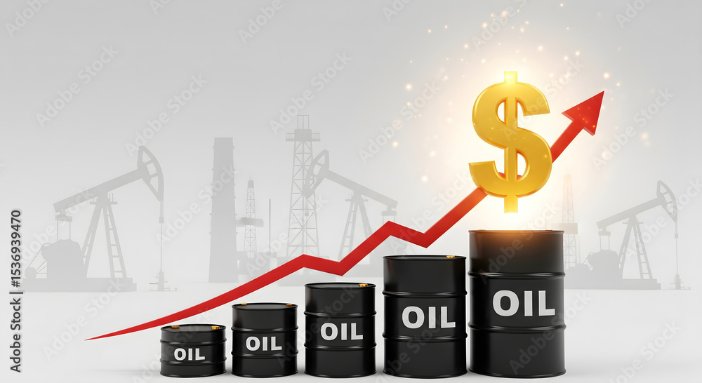3D illustration of five growing oil barrels labeled “OIL” with rising red arrow and glowing dollar sign, light silhouette of oil rigs in clean industry scene 3D illustration of five growing oil barrels labeled “OIL” with rising red arrow and glowing dollar sign, light silhouette of oil rigs in clean industry scene