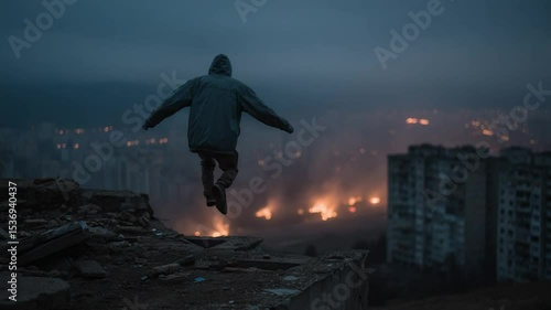 Wallpaper Mural Urban Dreamer's Leap. A lone figure, silhouetted against the twilight sky, takes a daring leap over a cityscape of destruction, embodying resilience and the human spirit's power amidst turmoil. Torontodigital.ca