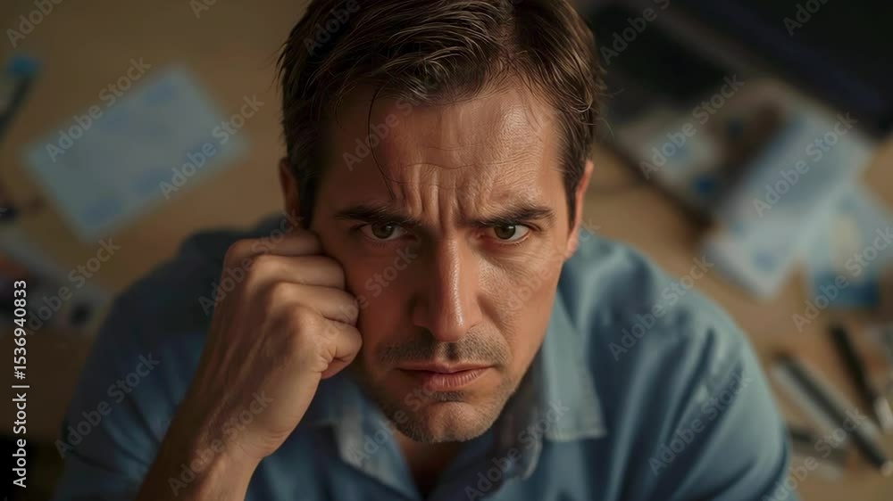 Pensive man in a blue shirt resting his chin on his hand, deep in thought at a cluttered desk Pensive man in a blue shirt resting his chin on his hand, deep in thought at a cluttered desk