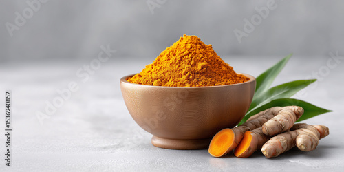 Turmeric Delights: A vibrant composition featuring a wooden bowl brimming with turmeric powder, accompanied by fresh turmeric roots and lush green leaves, all set on a minimalist backdrop.