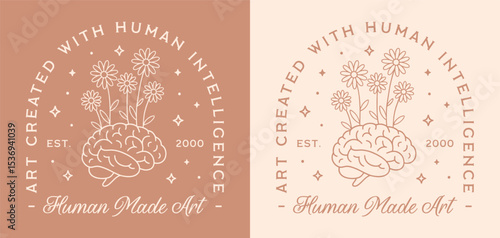 Handmade Art created with human intelligence no ai generated support local artist badge sticker shirt design funny quotes. Shop ethical small creator artwork retro floral brain aesthetic cute drawing.