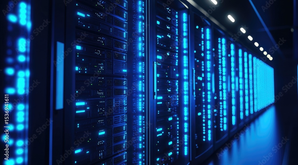 Obraz premium Advanced data center interior with glowing blue server racks and overhead lighting, ideal for cloud computing, IT infrastructure, and secure digital storage solutions