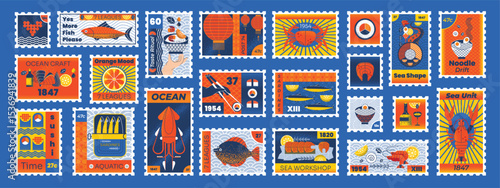 Retro vintage geometric postage stamps seafood, lobster, fish, shrimp, oysters