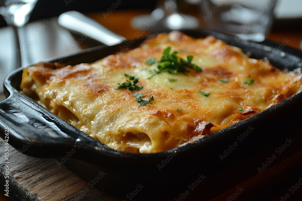 Cheesy baked lasagna with golden crust and parsley garnish in black ceramic dish Cheesy baked lasagna with golden crust and parsley garnish in black ceramic dish