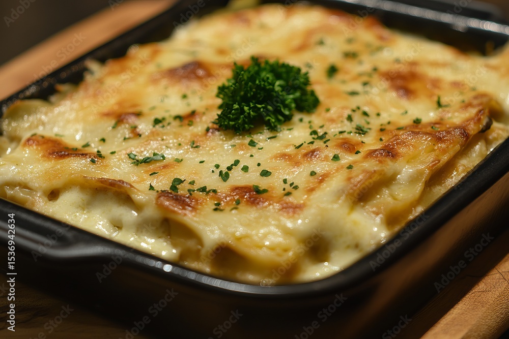 Cheesy baked lasagna with golden crust and parsley garnish in black ceramic dish Cheesy baked lasagna with golden crust and parsley garnish in black ceramic dish