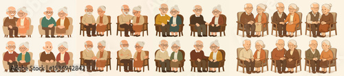 vector set of grandfather and grandmother sitting relaxed on a chair together
