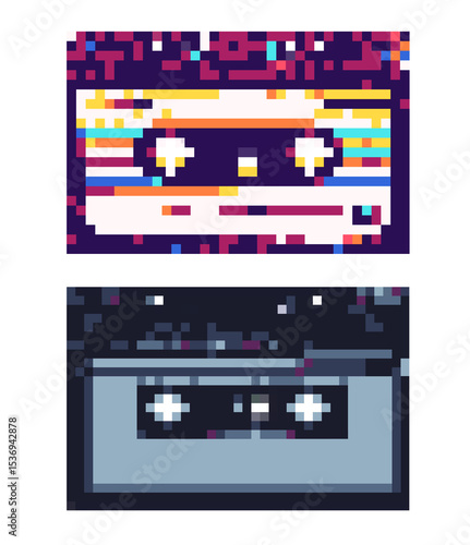 Isolated pixel art 8 bit illustration of vintage tape cassettes on white background.