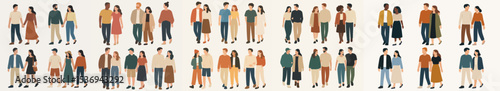 Vector Set Couples walking together in various outfits