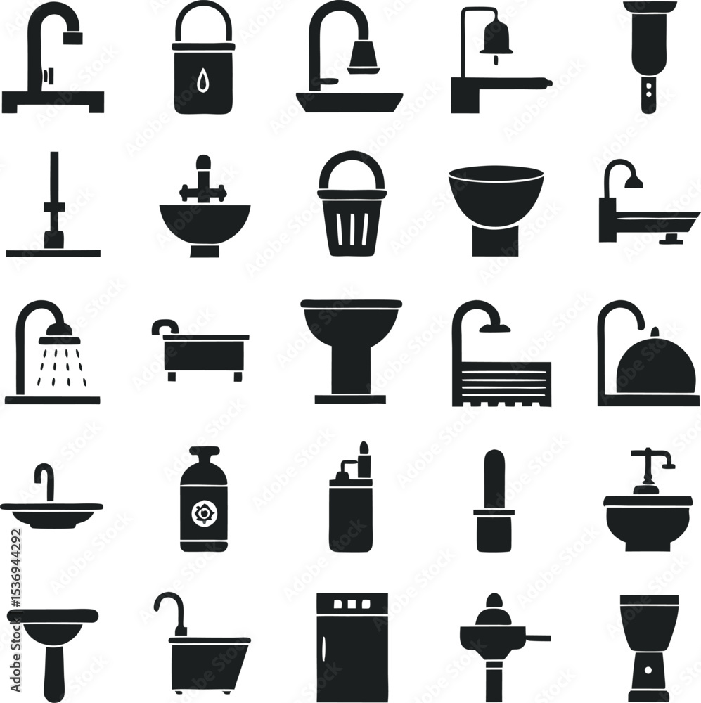 A collection of stylized bathroom interior designs, featuring various modern fixtures like tubs, sinks, and toilets, presented with clean lines and contemporary aesthetics A collection of stylized bathroom interior designs, featuring various modern fixtures like tubs, sinks, and toilets, presented with clean lines and contemporary aesthetics
