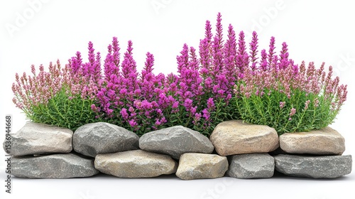 A low stone wall, topped with vibrant pink flowers and greenery, isolated against white