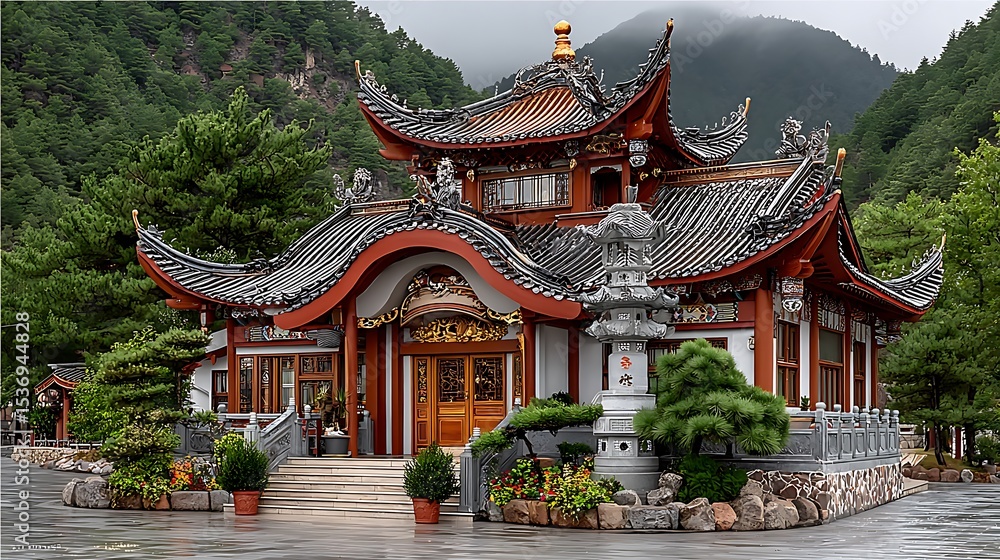 Obraz premium Traditional Chinese mountain temple with detailed rooftops and gardens high resolution image
