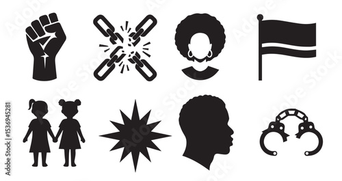 Juneteenth Silhouette Icon Set – Children Holding Hands, Starburst Symbol, African American Male Profile, Broken Handcuffs – Black History Vector Clipart
