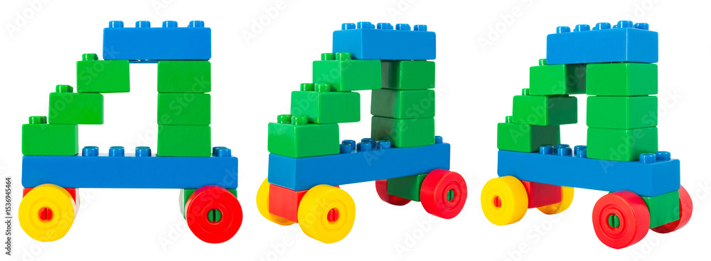 Fototapeta premium Isolated photo of construction block toy vehicle on white background.
