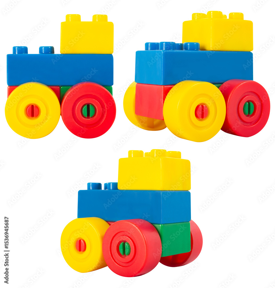 Obraz premium Isolated photo of construction block toy small car on white background.