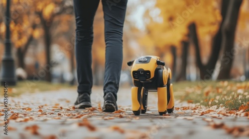 Person walking robot dog autumn park