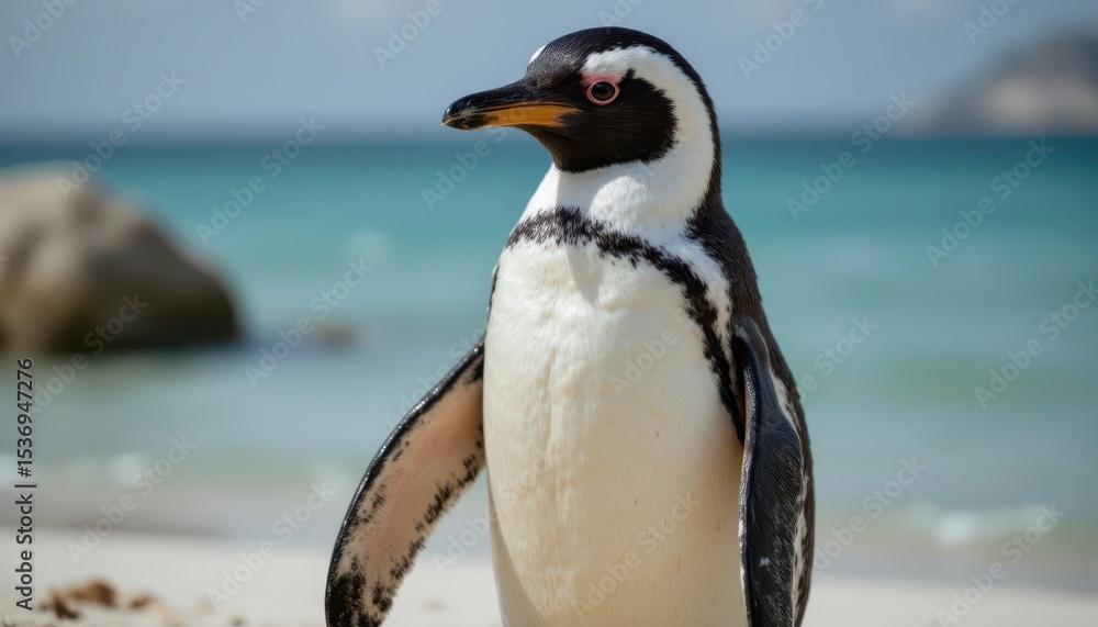 Fototapeta premium Adorable penguin takes a stroll on the sunny beach, wildlife adventure penguin