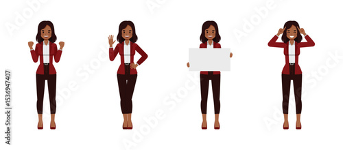 Black businesswoman wear red suit character vector illustration design set. Women having idea.