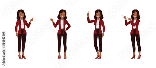 Black businesswoman wear red suit character vector illustration design set. Women point finger.