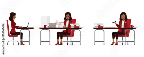 Black businesswoman wear red suit character vector illustration design set. Women sitting and working with laptop