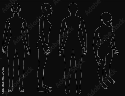 Four silhouetted figures stand against a dark background, their contours sharply defined. The set includes a girl among the group, creating a striking visual contrast.