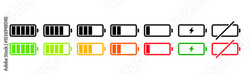 Battery icon set. low to full battery level status indicator with charging symbol for mobile app, ui, and other design