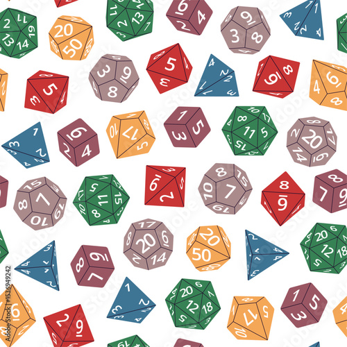 Rpg game dice seamless pattern. Repeated color playing elements with numbers, board game plastic items, polyhedra. Textile, wrapping paper, wallpaper. Print for fabric nowaday vector background