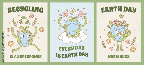 Planet earth mascot cards. Funny cartoon personage, ecological symbol, save nature, cute globe with face, feet and hands, posters design, environmental care, garish vector isolated set