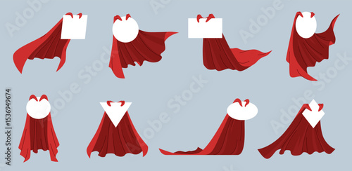 Labels with cartoon red cape. Different shapes empty banners, silk cloaks, folded draperies, superhero stickers mockup, masquerade carnival cloth with copy space nowaday vector isolated set
