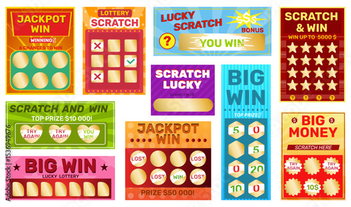 Lottery scratch effects tickets. Instant win, different design, golden paint layers, gambling stickers, lucky game. Winning prize flyers template, shopping coupon, qualitative vector set