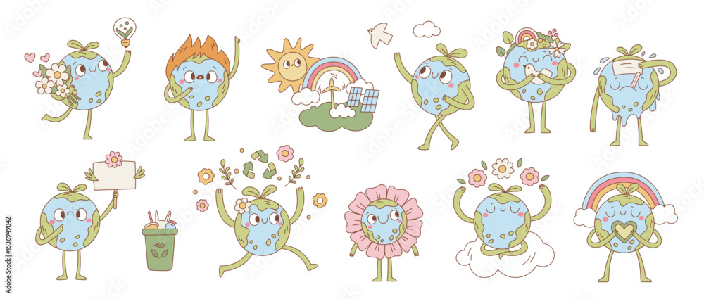 Fototapeta premium Cute planet earth mascot. Cartoon funny character, environmental issues, happy globe personage, nature and ecology, friendly nature, smile face with flowers and rainbow, garish vector set