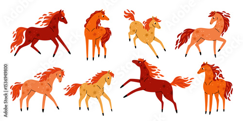 Funny horses. Cartoon cute steeds characters, burning animals, new year 2026 symbol, chinese horoscope, fiery stallions. Mustang jumping and running, garish vector isolated flat set